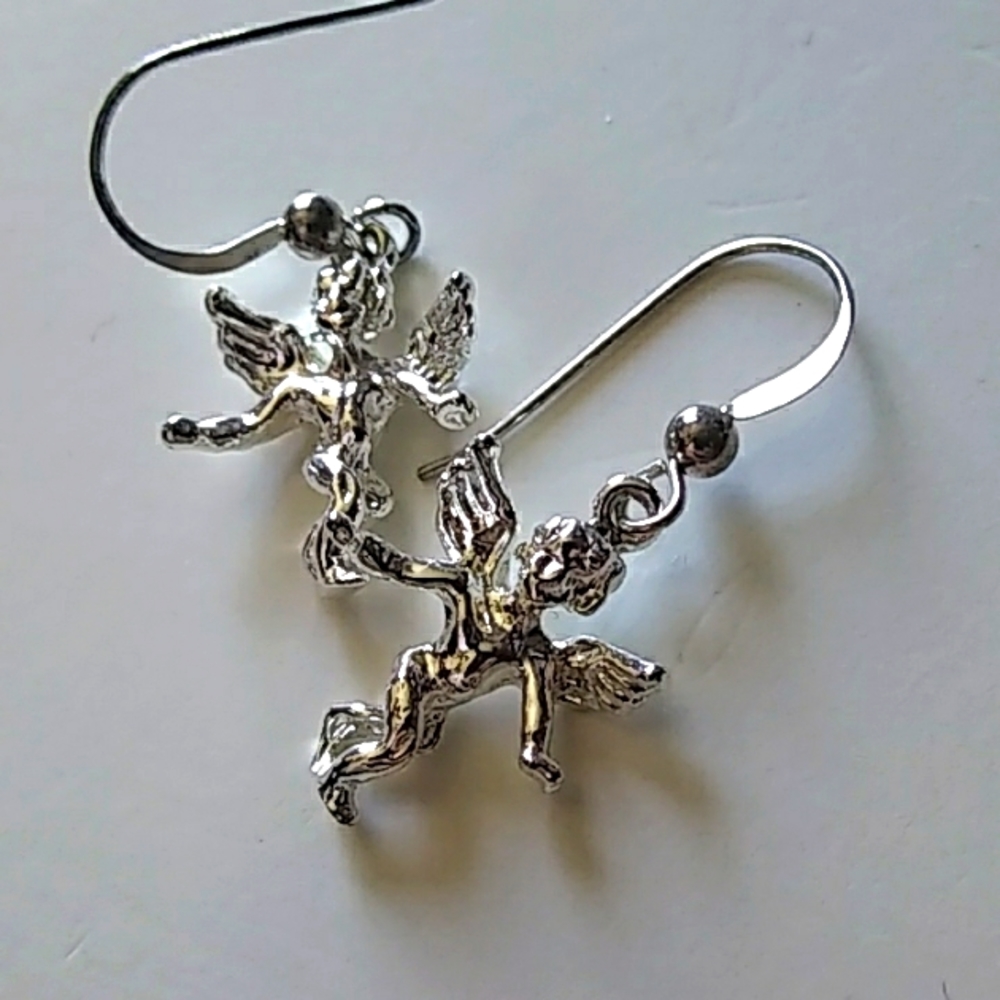 925 Sterling Solid Silver Cherub Earrings - image 1